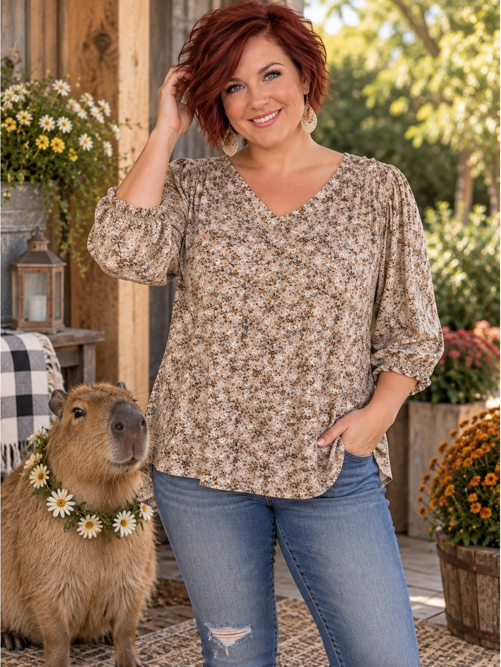 1200 St. John's Bay 1XL 27" PTP Floral Rayon Blouse 3/4 Sleeves Boho A0001200